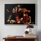 Silver floater framed canvas featuring The Sacrifice of Isaac (Uffizi Version), c. 1603 by Caravaggio above an entryway table in a minimalist foyer.