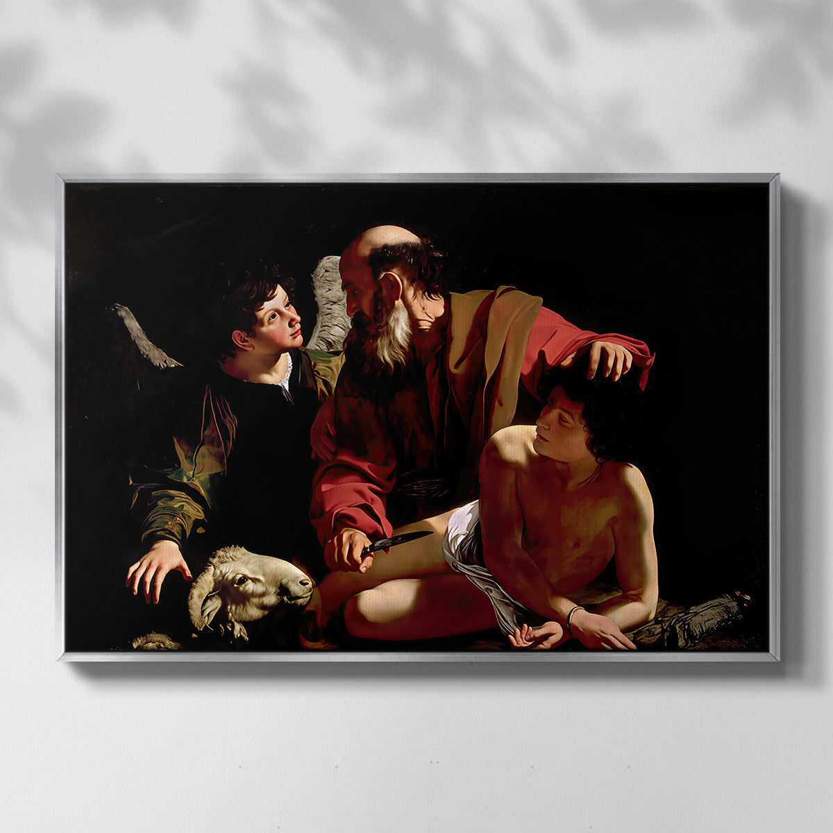 Front view of The Sacrifice of Isaac (Uffizi Version), c. 1603 by Caravaggio in a silver floater framed canvas.