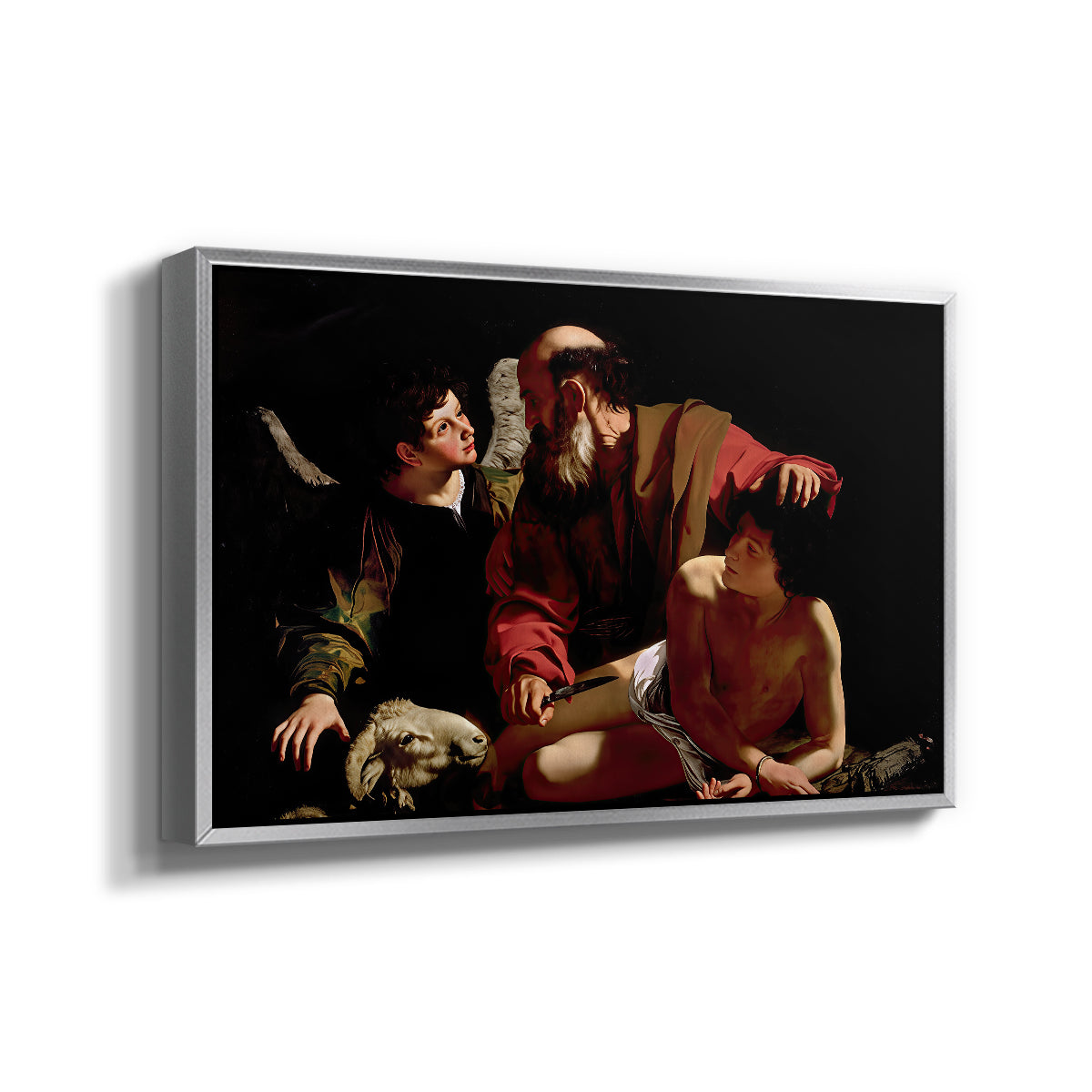 Angled view of The Sacrifice of Isaac (Uffizi Version), c. 1603 by Caravaggio in a silver floater framed canvas.