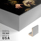 Close-up of the silver floater frame corner and gallery wrapped canvas construction.