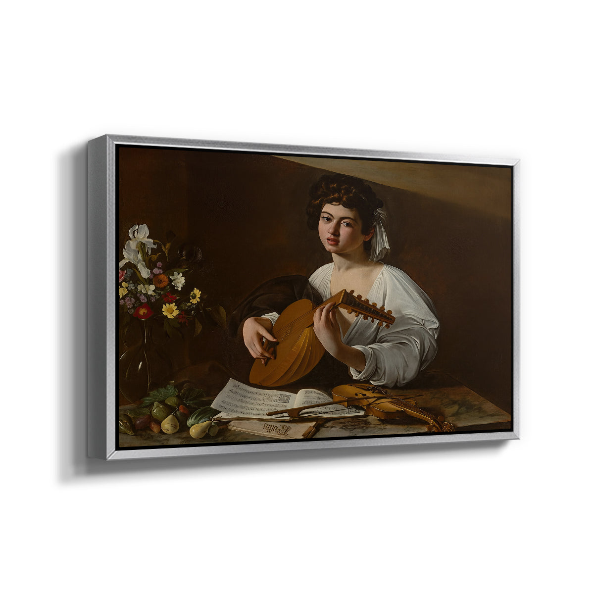 Angled view of The Lute Player (Hermitage Version), c. 1596 by Caravaggio in a silver floater framed canvas.