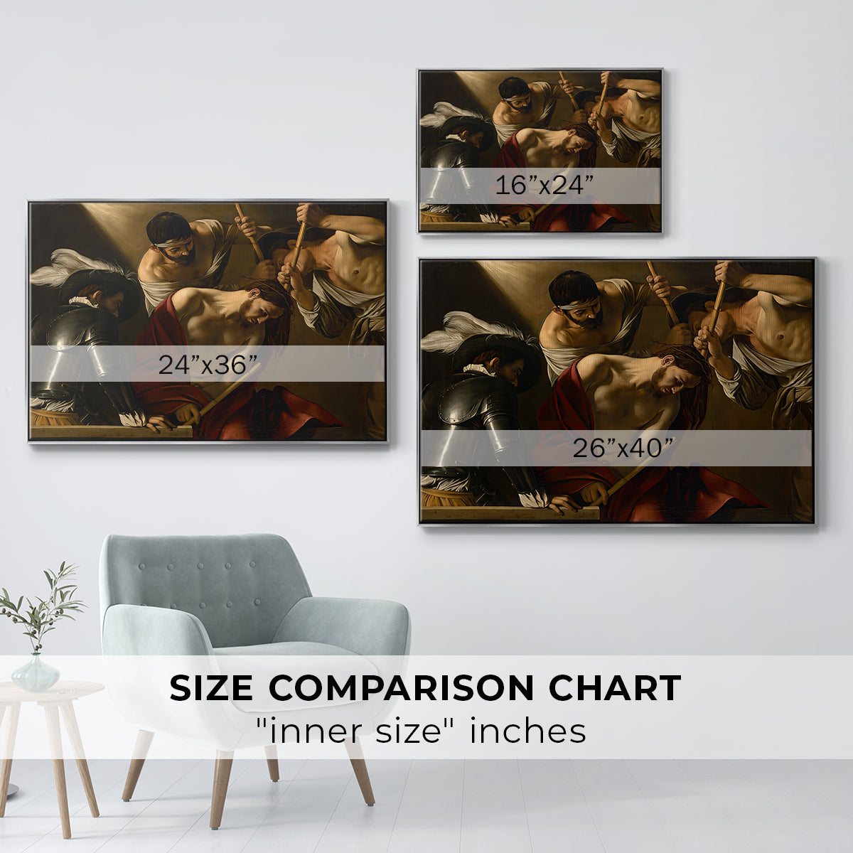 Size comparison chart for silver floater framed canvas featuring The Crowning with Thorns (Vienna Version), c. 1602-1604 by Caravaggio.