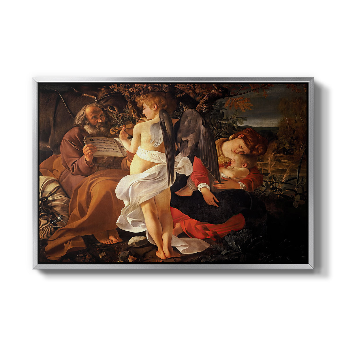 Rest on the Flight into Egypt, c. 1597 by Caravaggio in a silver floater framed canvas wall art display.