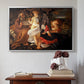 Silver floater framed canvas featuring Rest on the Flight into Egypt, c. 1597 by Caravaggio above an entryway table in a minimalist foyer.