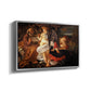 Angled view of Rest on the Flight into Egypt, c. 1597 by Caravaggio in a silver floater framed canvas.