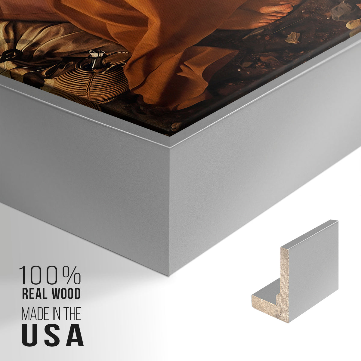 Close-up of the silver floater frame corner and gallery wrapped canvas construction.