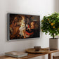 Rest on the Flight into Egypt, c. 1597 by Caravaggio, presented in a silver floater framed canvas featuring the Holy Family resting in landscape with angel playing violin, displayed above a hallway console table.