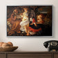Rest on the Flight into Egypt, c. 1597 by Caravaggio in a silver floater framed canvas displayed above a console table in a hallway, featuring a Baroque landscape with angel playing music for resting travelers.