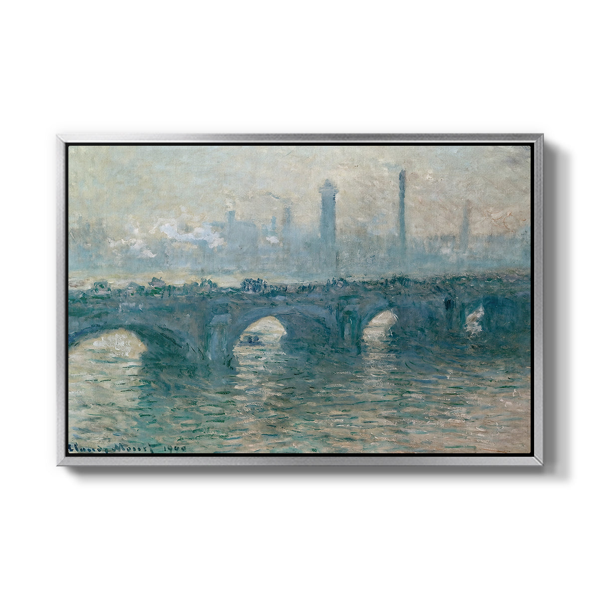 Waterloo Bridge, Gray Weather, 1900 by Claude Monet in a silver floater framed canvas wall art display.