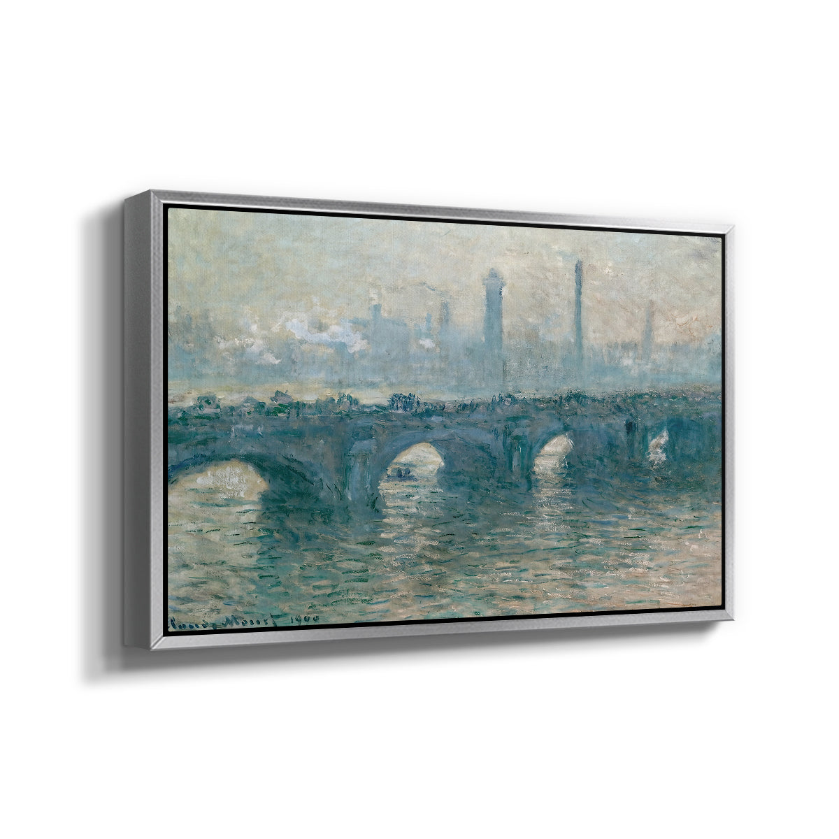 Angled view of Waterloo Bridge, Gray Weather, 1900 by Claude Monet in a silver floater framed canvas.