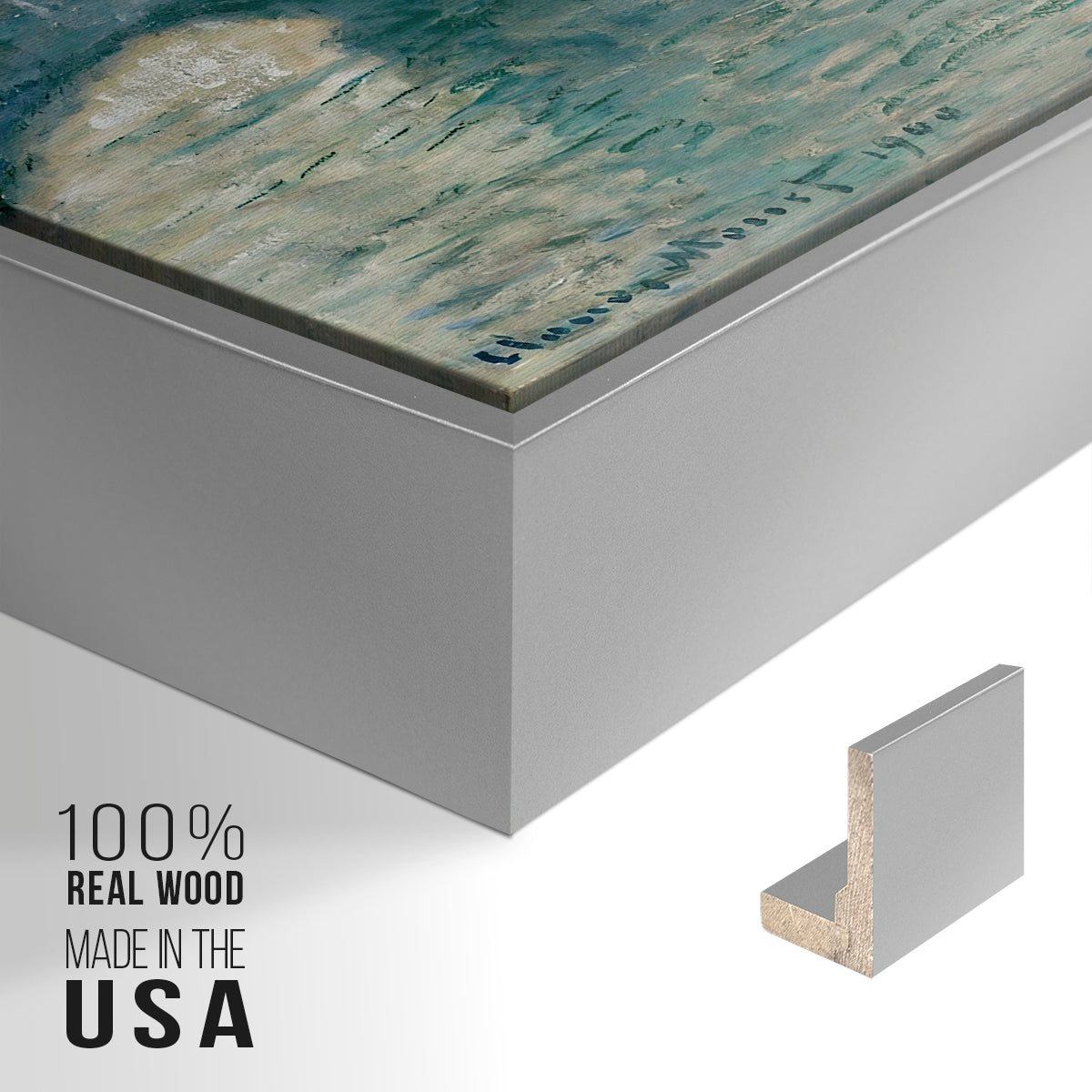 Close-up of the silver floater frame corner and gallery wrapped canvas construction.