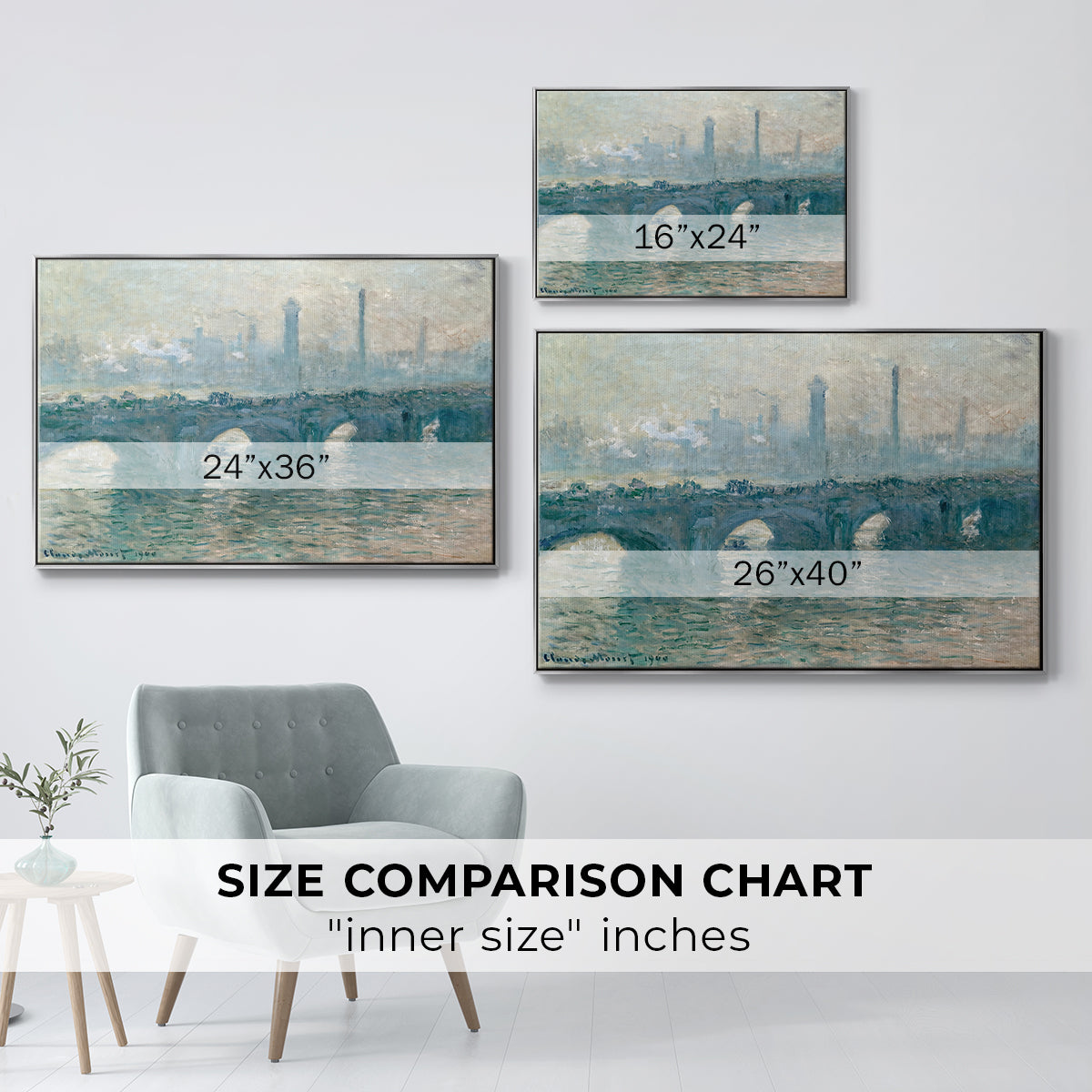 Size comparison chart for silver floater framed canvas featuring Waterloo Bridge, Gray Weather, 1900 by Claude Monet.