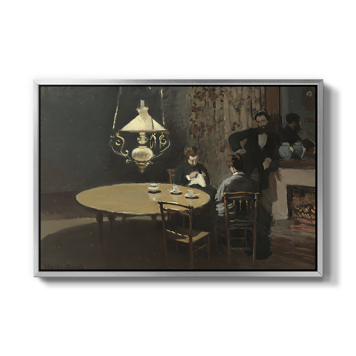 Interior, after Dinner, 1868-1869 by Claude Monet in a silver floater framed canvas wall art display.