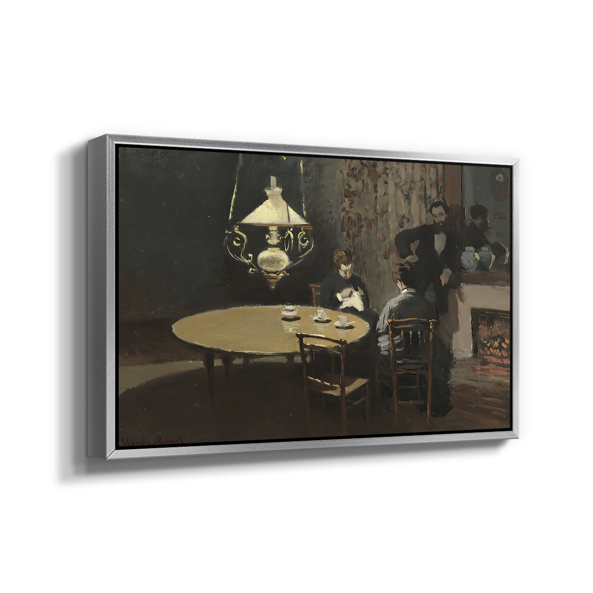 Angled view of Interior, after Dinner, 1868-1869 by Claude Monet in a silver floater framed canvas.