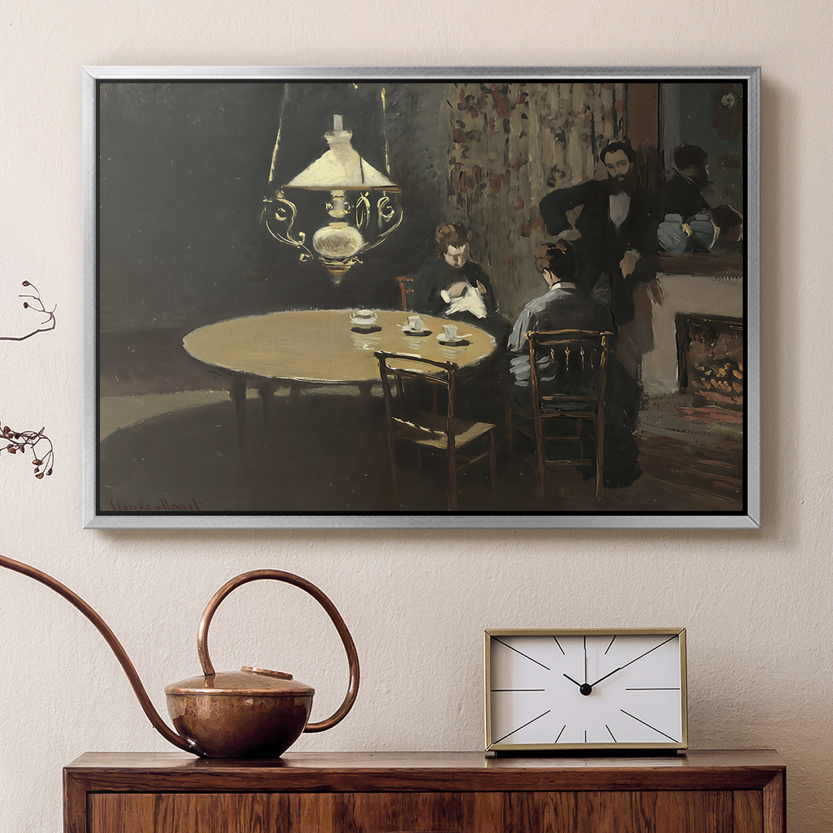 Silver floater framed canvas featuring an impressionist interior showing aftermath of dinner with soft light, displayed above a cabinet in a soft-toned living room.