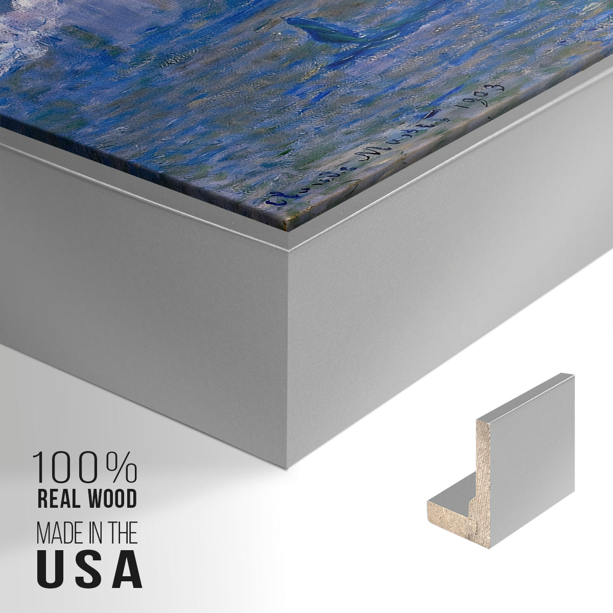 Close-up of the silver floater frame corner and gallery wrapped canvas construction.