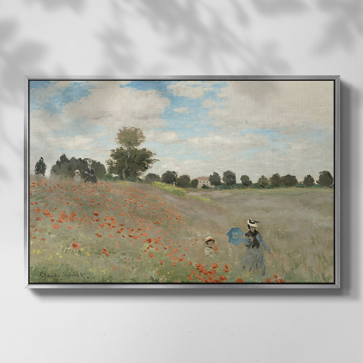 Front view of The Poppy Field near Argenteuil, 1873 by Claude Monet in a silver floater framed canvas.