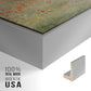 Close-up of the silver floater frame corner and gallery wrapped canvas construction.