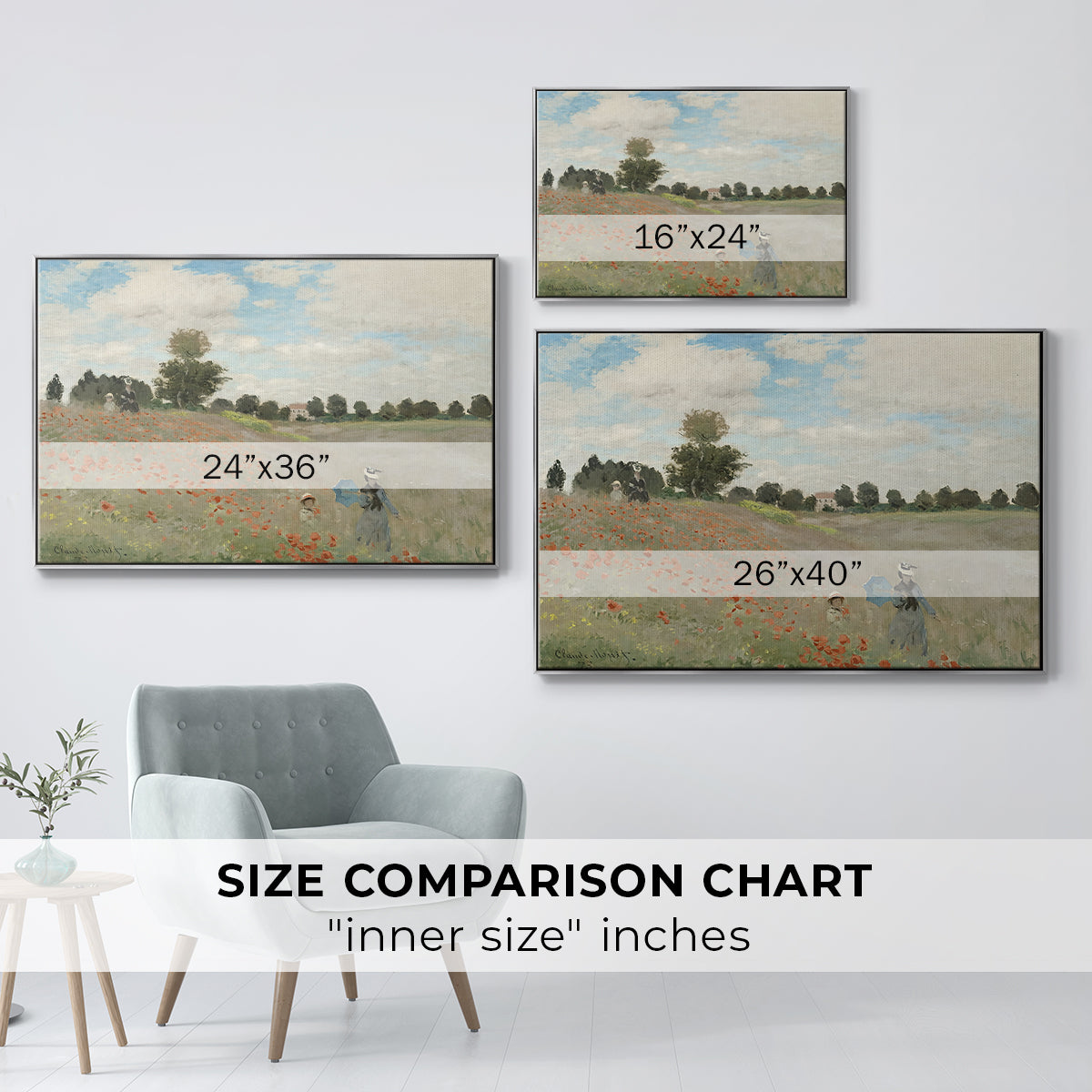 Size comparison chart for silver floater framed canvas featuring The Poppy Field near Argenteuil, 1873 by Claude Monet.