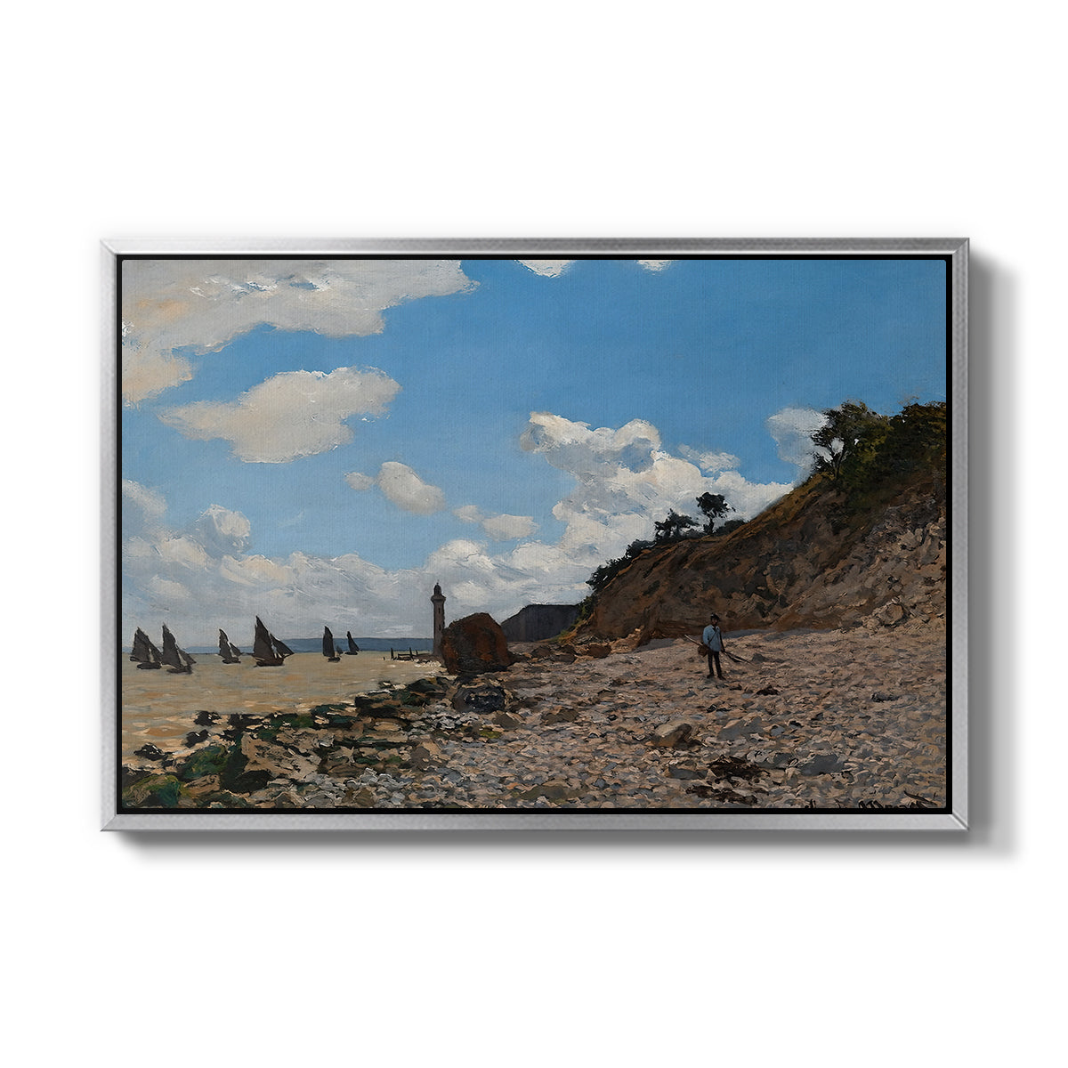 The Beach at Honfleur, 1864 by Claude Monet in a silver floater framed canvas wall art display.