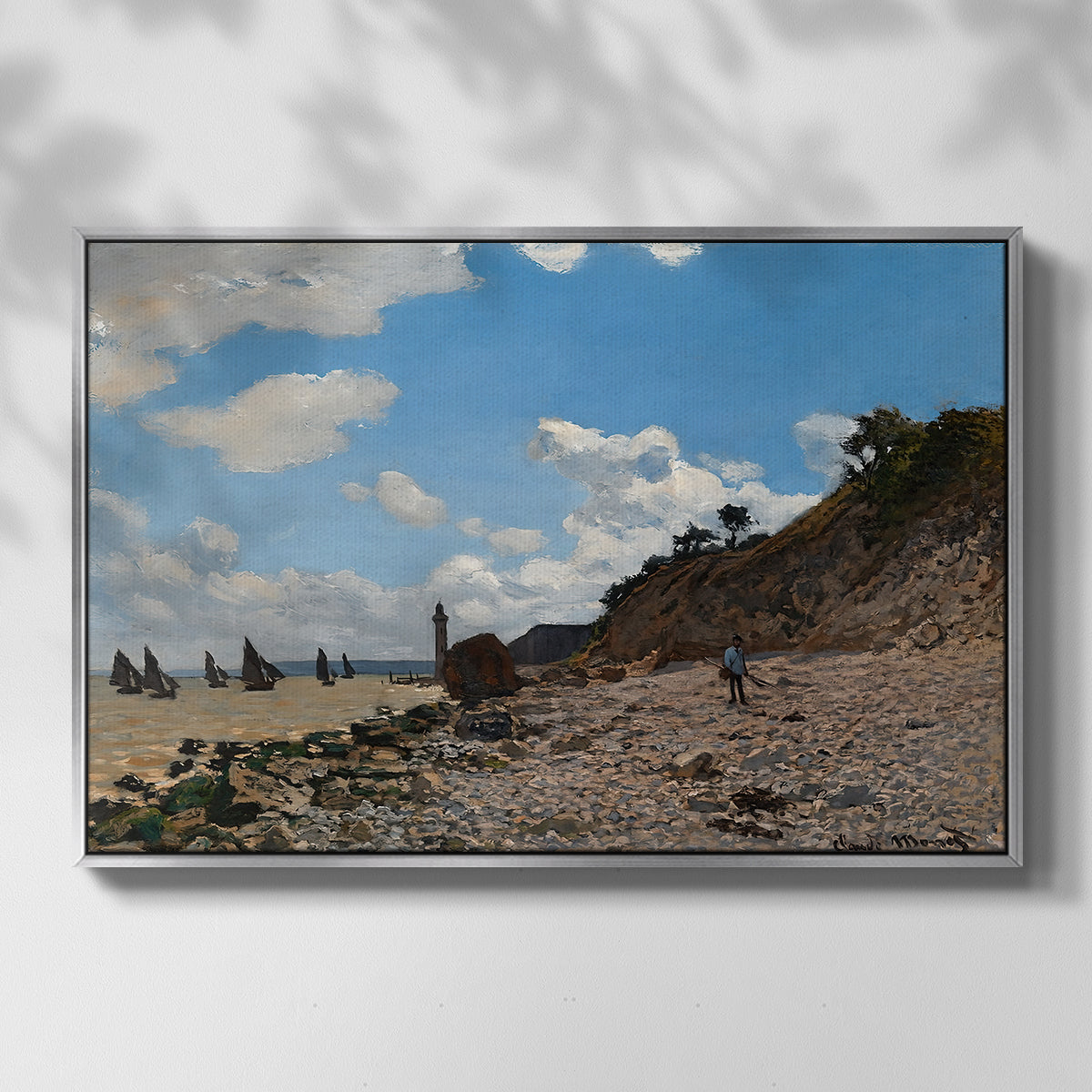 Front view of The Beach at Honfleur, 1864 by Claude Monet in a silver floater framed canvas.