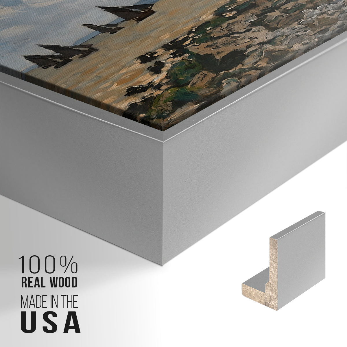 Close-up of the silver floater frame corner and gallery wrapped canvas construction.