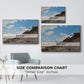 Size comparison chart for silver floater framed canvas featuring The Beach at Honfleur, 1864 by Claude Monet.