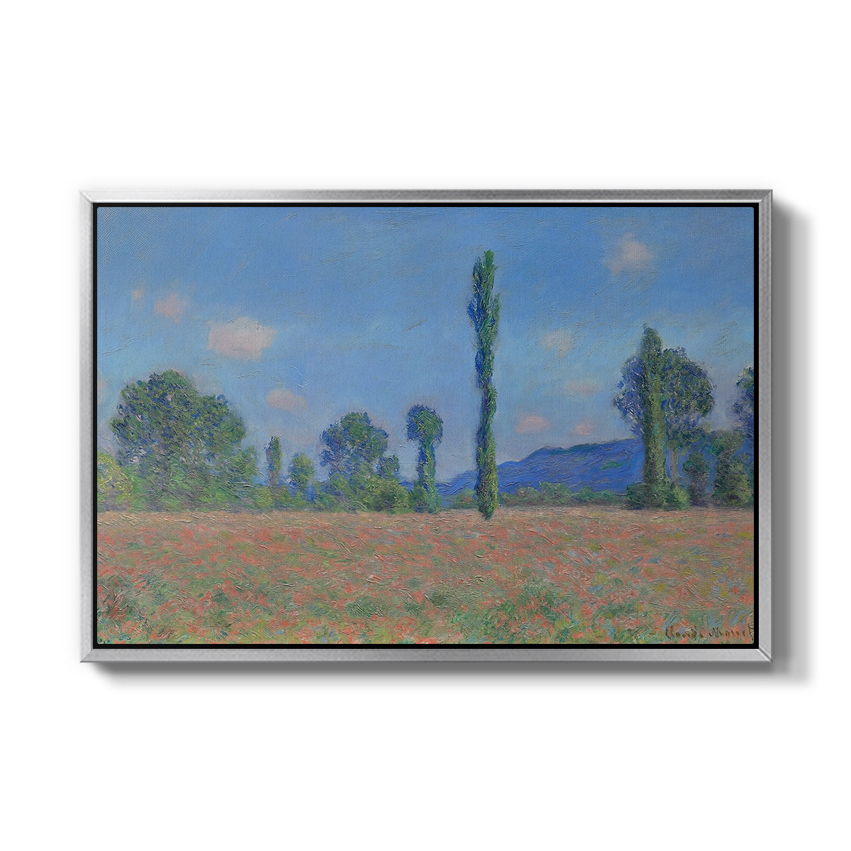 Poppy Field (Giverny), 1890-1891 by Claude Monet in a silver floater framed canvas wall art display.