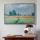 Silver floater framed canvas featuring The Wheat Field (Champ de Blé), 1881 by Claude Monet above an entryway table in a minimalist foyer.