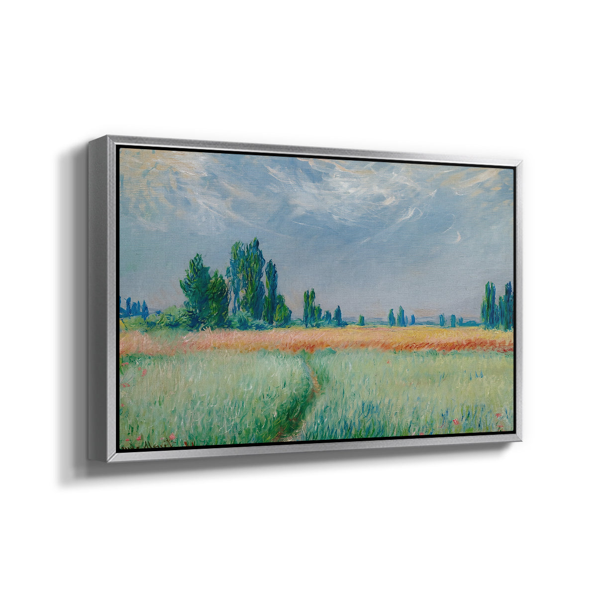Angled view of The Wheat Field (Champ de Blé), 1881 by Claude Monet in a silver floater framed canvas.