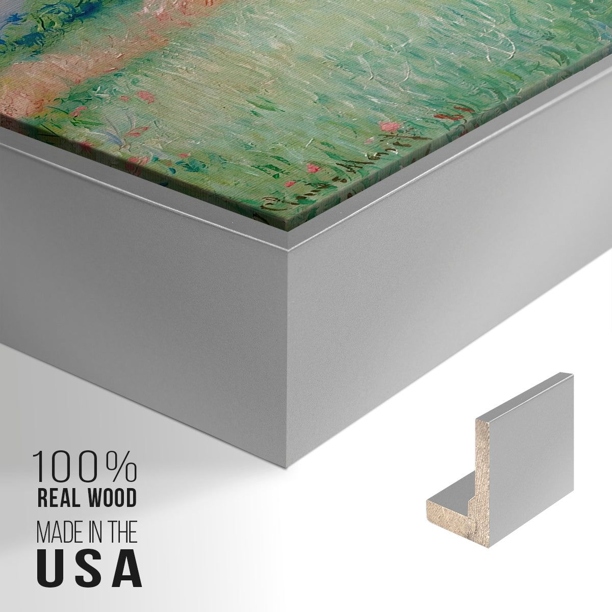Close-up of the silver floater frame corner and gallery wrapped canvas construction.