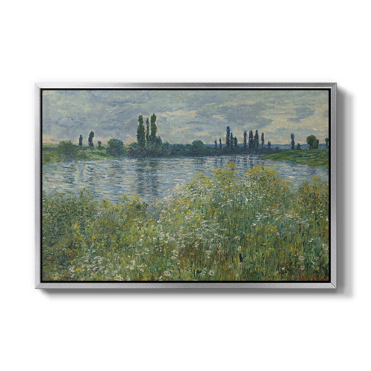Banks of the Seine, Vétheuil, 1880 by Claude Monet in a silver floater framed canvas wall art display.