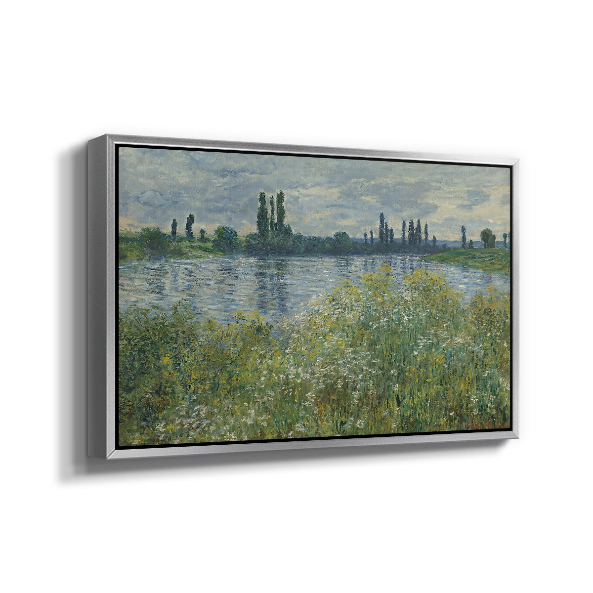 Angled view of Banks of the Seine, Vétheuil, 1880 by Claude Monet in a silver floater framed canvas.