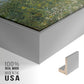 Close-up of the silver floater frame corner and gallery wrapped canvas construction.