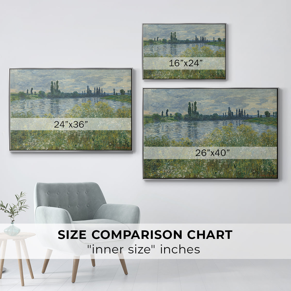 Size comparison chart for silver floater framed canvas featuring Banks of the Seine, Vétheuil, 1880 by Claude Monet.