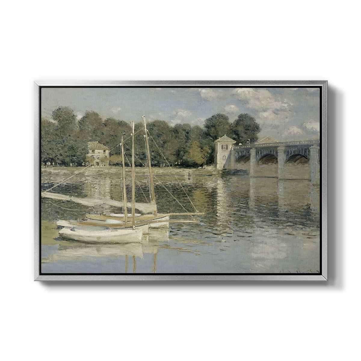 The Bridge at Argenteuil, 1874 by Claude Monet in a silver floater framed canvas wall art display.