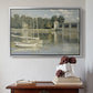 Silver floater framed canvas featuring The Bridge at Argenteuil, 1874 by Claude Monet above an entryway table in a minimalist foyer.