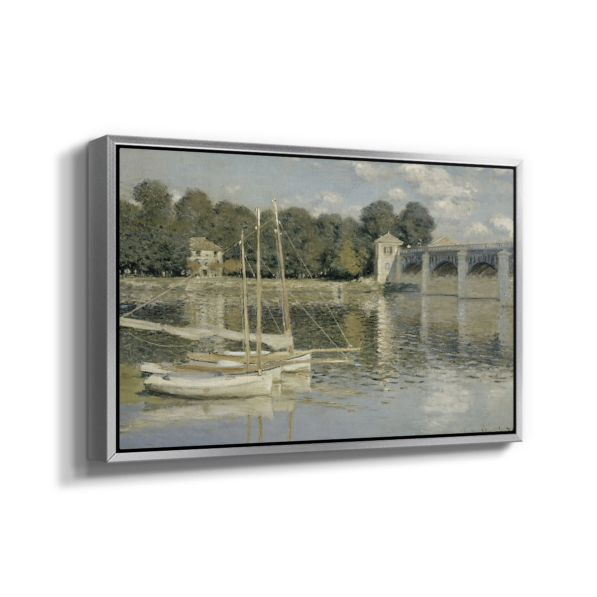 Angled view of The Bridge at Argenteuil, 1874 by Claude Monet in a silver floater framed canvas.