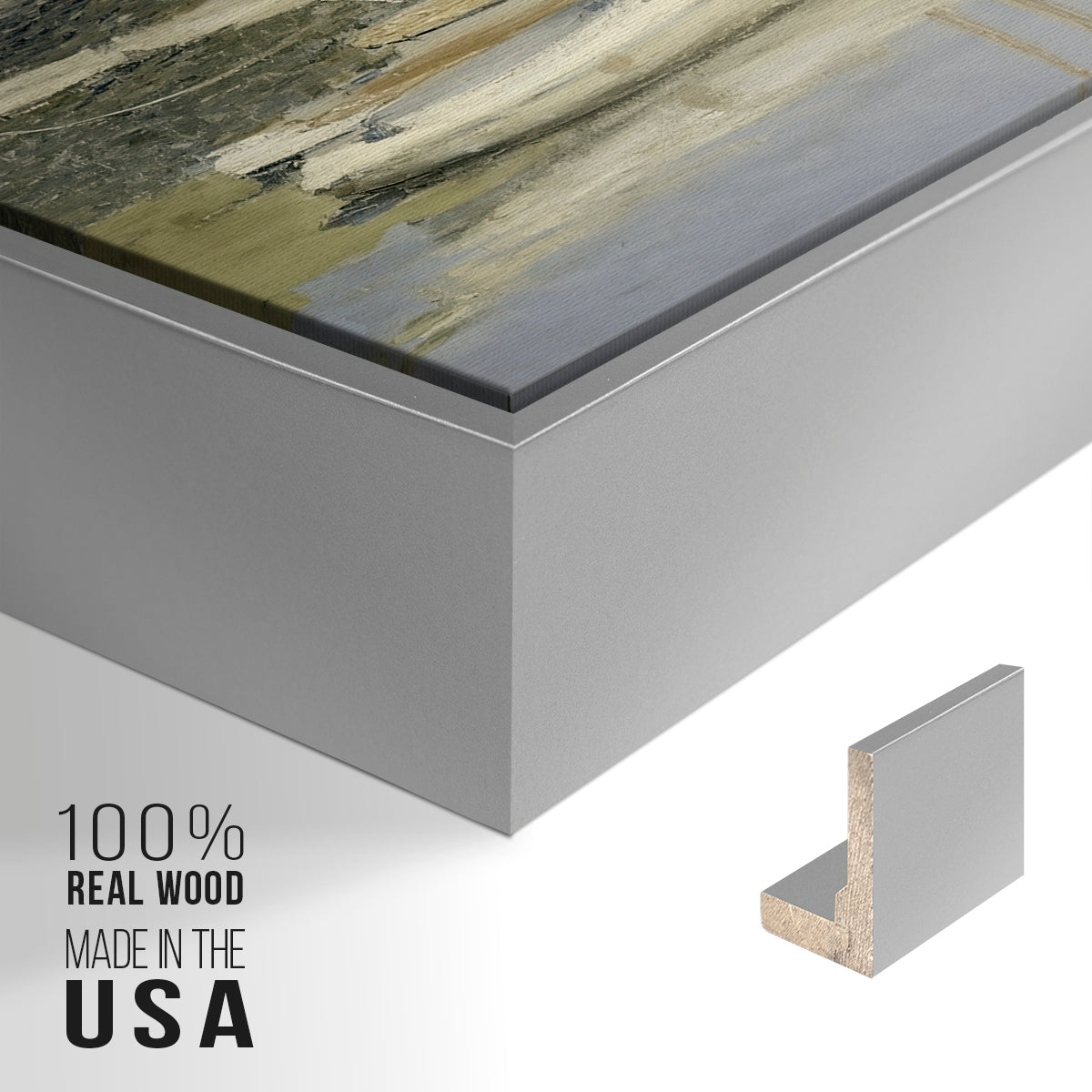 Close-up of the silver floater frame corner and gallery wrapped canvas construction.