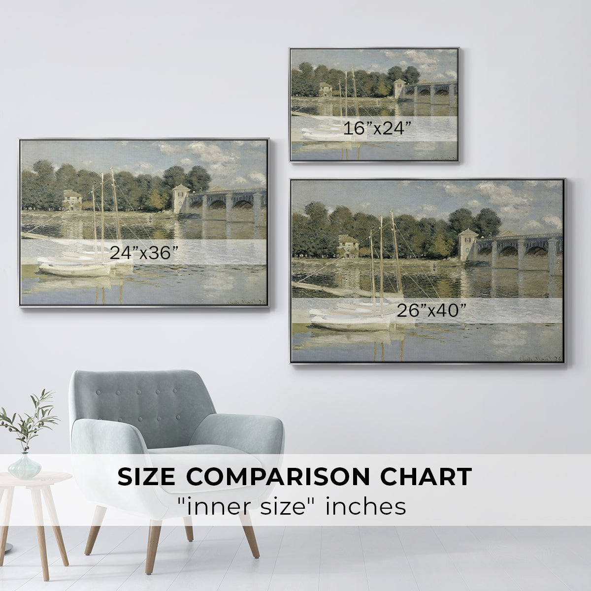 Size comparison chart for silver floater framed canvas featuring The Bridge at Argenteuil, 1874 by Claude Monet.