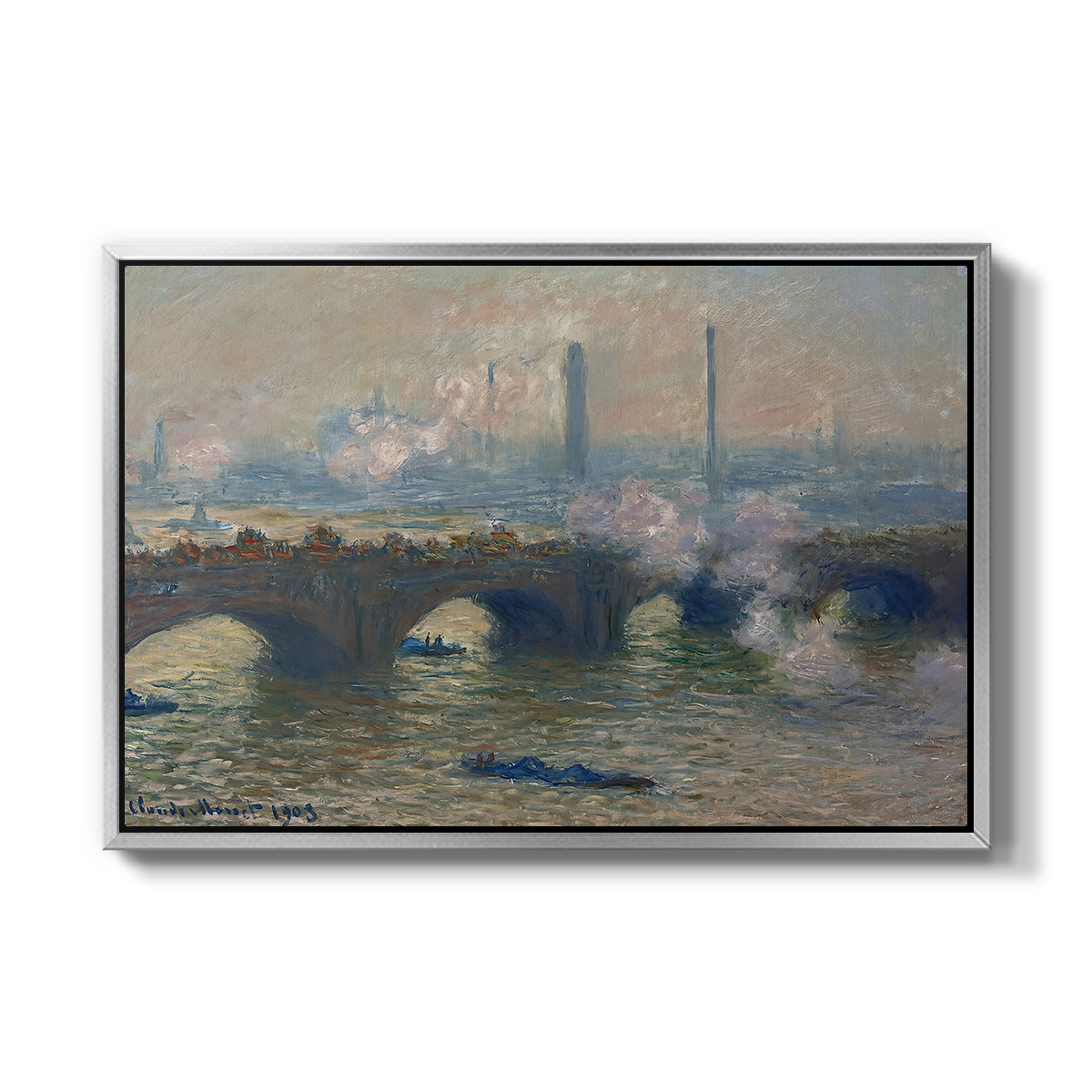 Waterloo Bridge, Gray Day, 1903 by Claude Monet in a silver floater framed canvas wall art display.