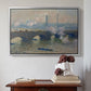 Silver floater framed canvas featuring Waterloo Bridge, Gray Day, 1903 by Claude Monet above an entryway table in a minimalist foyer.