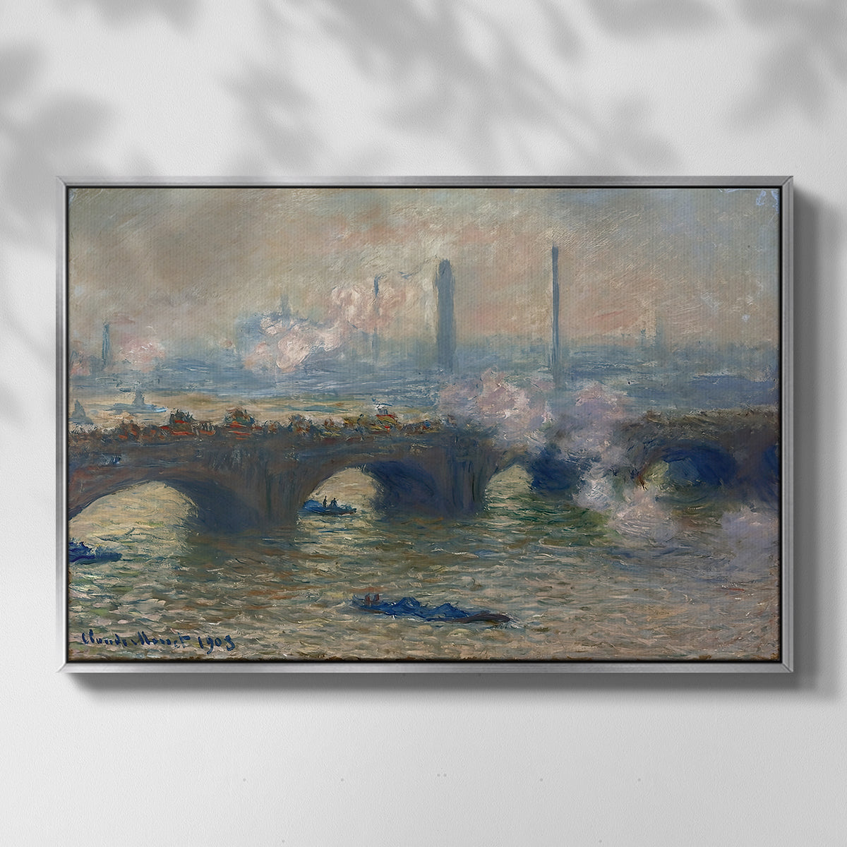 Front view of Waterloo Bridge, Gray Day, 1903 by Claude Monet in a silver floater framed canvas.