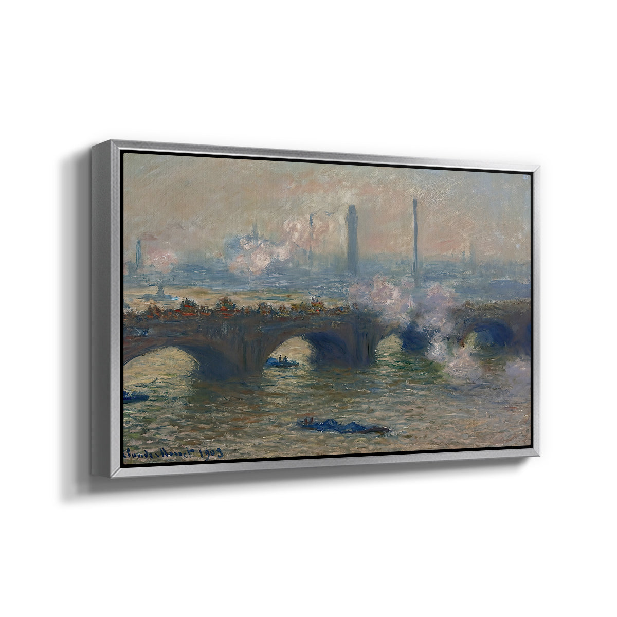 Angled view of Waterloo Bridge, Gray Day, 1903 by Claude Monet in a silver floater framed canvas.