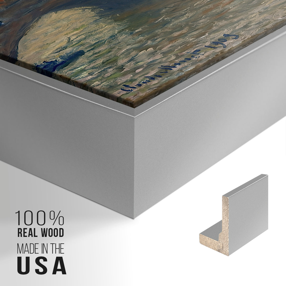 Close-up of the silver floater frame corner and gallery wrapped canvas construction.