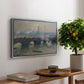 Waterloo Bridge, Gray Day, 1903 by Claude Monet, presented in a silver floater framed canvas featuring a muted cityscape of bridge spanning river under overcast sky, displayed above a hallway console table.