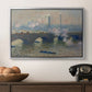 Waterloo Bridge, Gray Day, 1903 by Claude Monet in a silver floater framed canvas displayed above a console table in a hallway, featuring a foggy London bridge view with softened architectural forms.