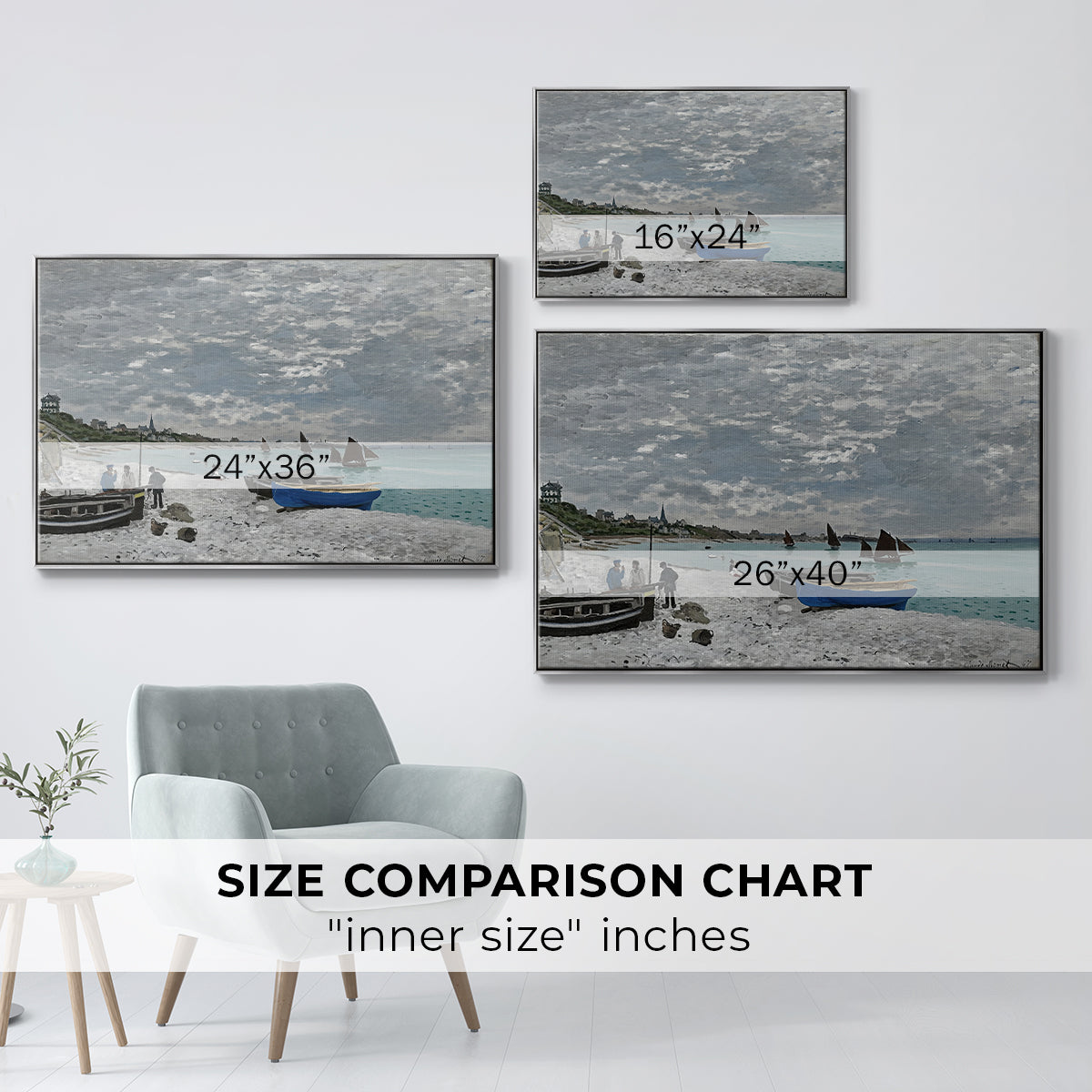 Size comparison chart for silver floater framed canvas featuring The Beach at Sainte-Adresse, 1867 by Claude Monet.
