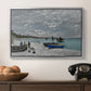 The Beach at Sainte-Adresse, 1867 by Claude Monet in a silver floater framed canvas displayed above a console table in a hallway, featuring an impressionist seaside gathering with flags and ocean view.