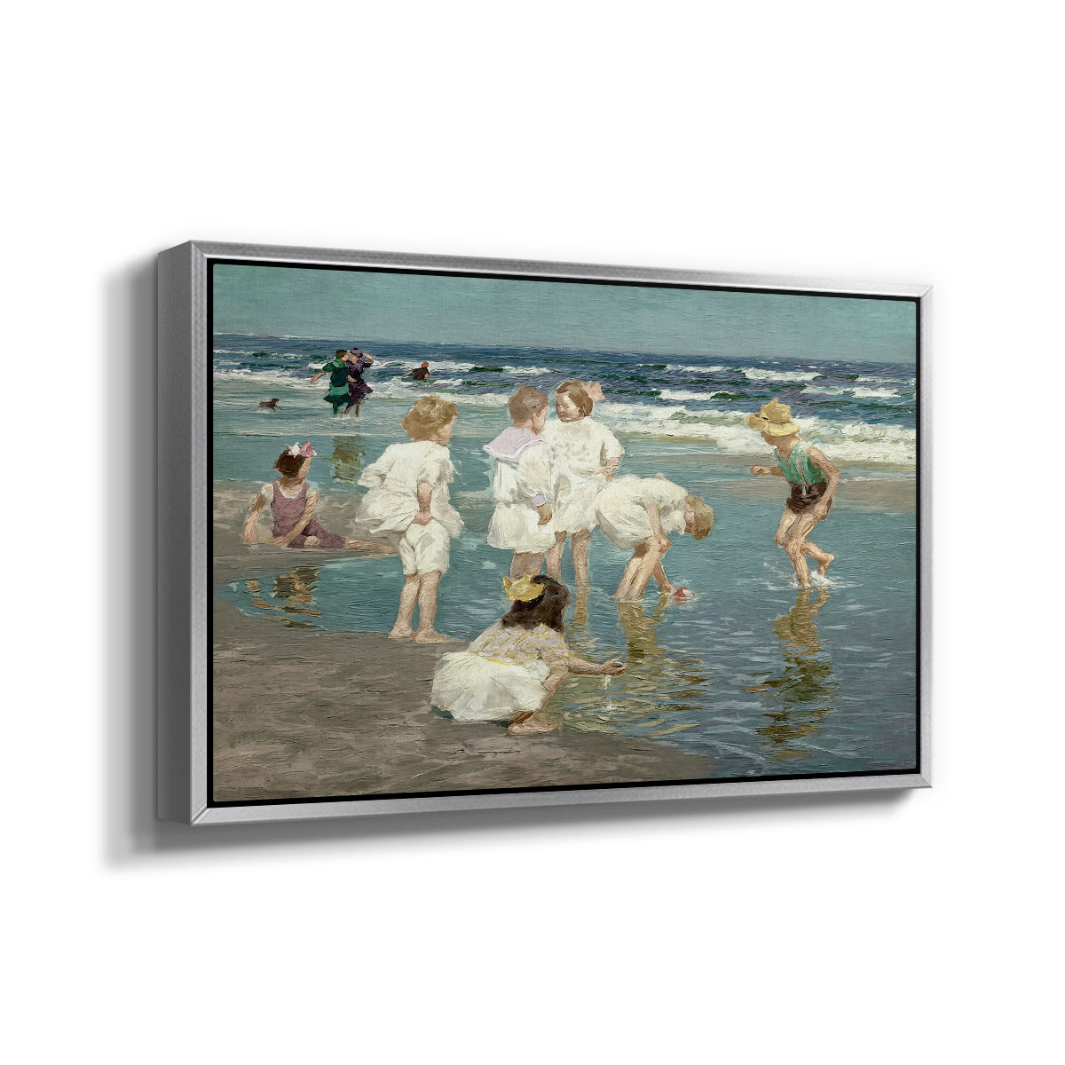 Angled view of A Holiday, c. 1915 by Edward Henry Potthast in a silver floater framed canvas.